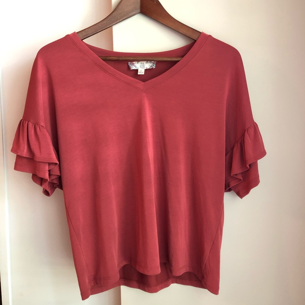 Pink Rose Rusty rose top ruffled sleeves mauve